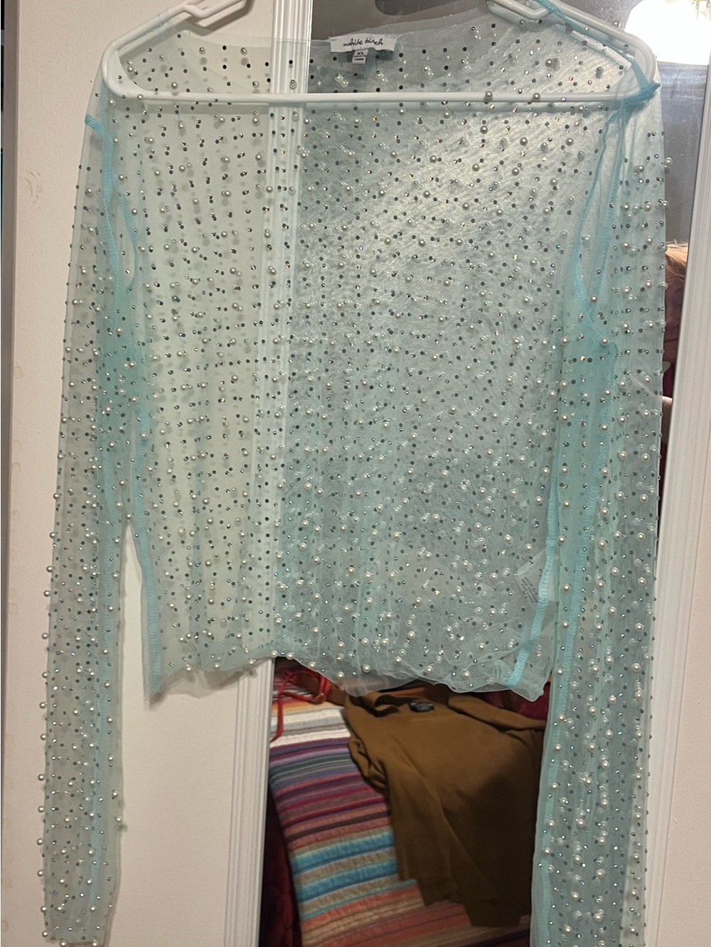 White Birch Sheer Aqua Beaded Long-Sleeve Top Fits like a Medium